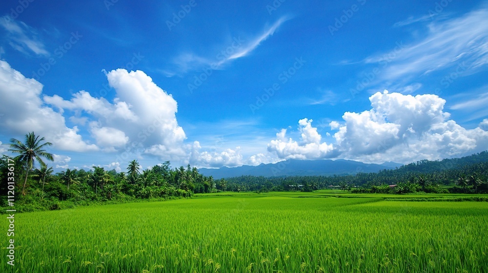 Obraz premium Serene Blue Sky over Lush Green Landscape with Fluffy Clouds