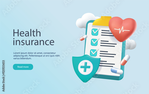 Health insurance banner design. Life insurance and family health care protection. Big clipboard with document checklist. Healthcare, finance and medical service. Isolated vector illustration in 3D