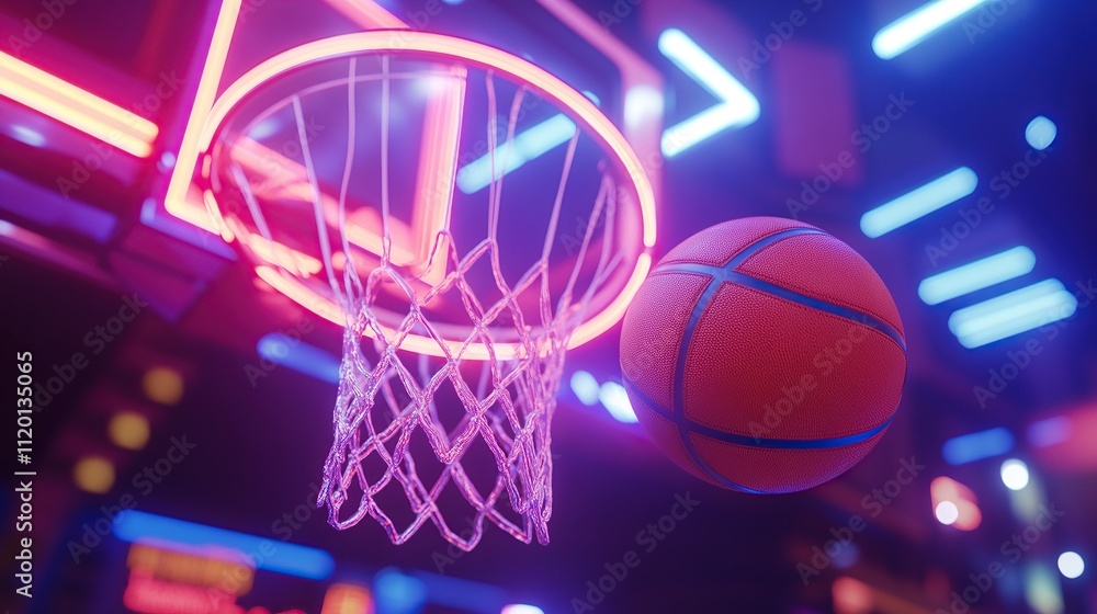 A basketball is about to enter a neon-lit hoop in a vibrant sports setting. A basketball is about to enter a neon-lit hoop in a vibrant sports setting.