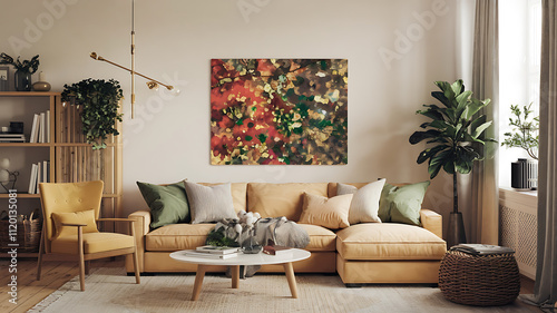 interior design mockup Boho japandi home interior design of modern living room witah light tones centered on natural materials and featuring soft neutral decor accents Festive Lights Bright red emera photo