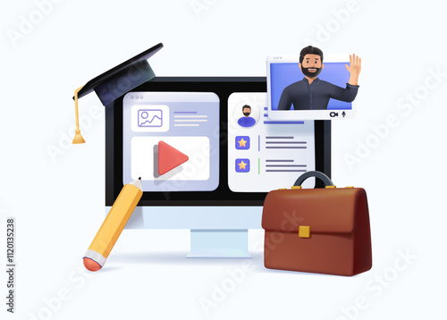 Business training abstract concept vector 3D illustration set. Online conference, business coaching and mentoring, corporate literature, digital meetup, brand newsletter, success abstract metaphor