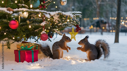 A squirrel family decorating a Christmas tree with lights ornaments and homemade decorations Photography copyspace Crossprocessing technique high contrast vivid and surreal photo