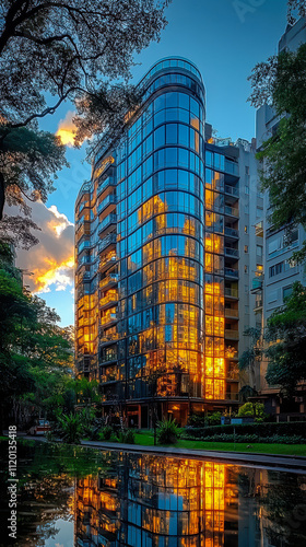 Modern Glass Building Reflecting Sunset in Urban Landscape