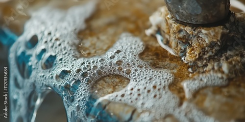 A close-up of hard water stains and mineral buildup on a faucet, showing white deposits.