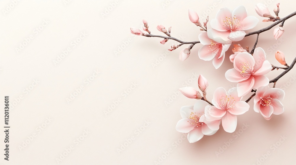 Fototapeta premium A delicate branch of pink cherry blossoms against a soft, neutral background, evoking springtime beauty and tranquility.