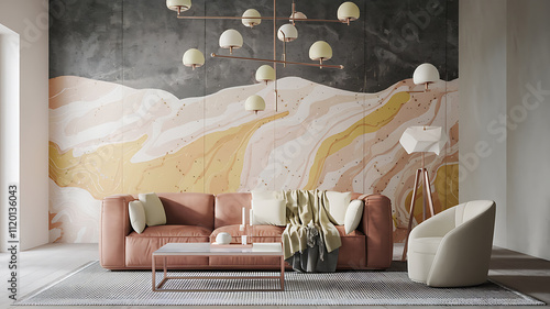 interior design mockup Copper lamps over concrete wall interior background 3d rendering Gentle Sands Sand beige pale peach soft yellow white Psychedelic Art