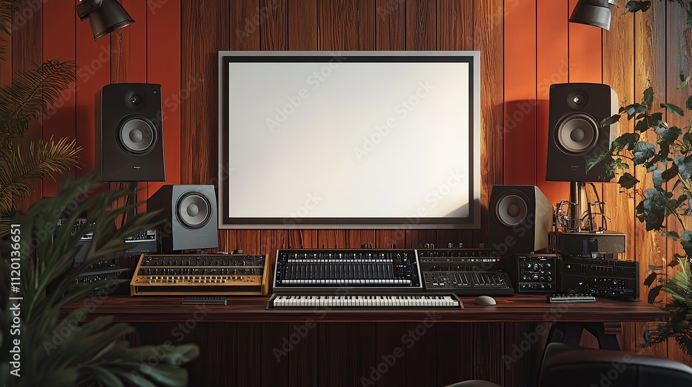 A modern music studio setup with equipment and a blank screen for creativity. A modern music studio setup with equipment and a blank screen for creativity.