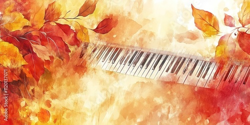 Autumn Leaves Adorn a Piano Keyboard Watercolor Painting