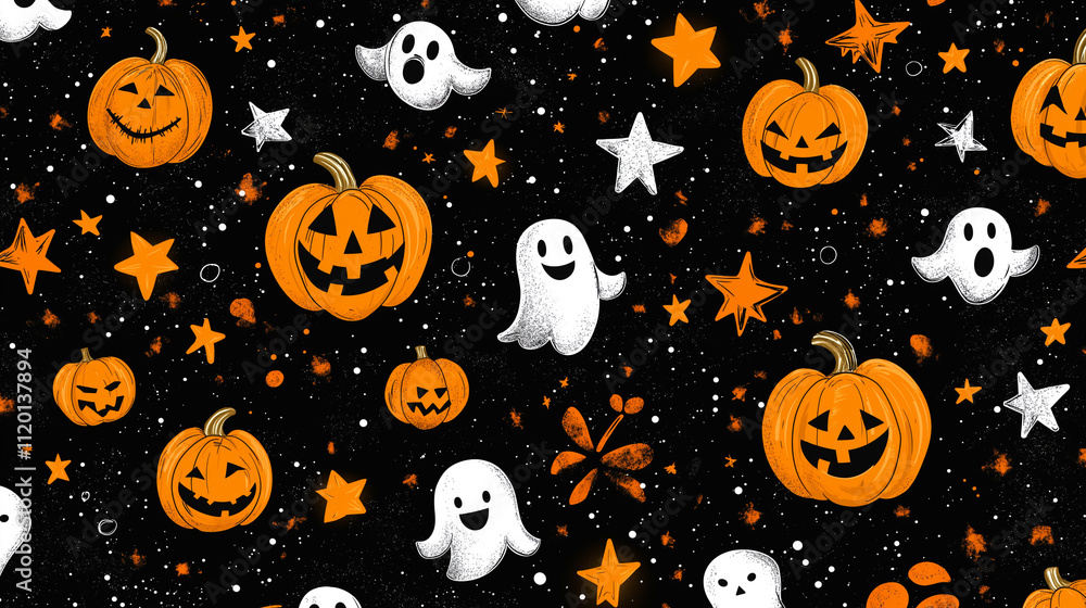 Halloween seamless pattern with pumpkins and ghosts. Spooky and festive design for Halloween. Halloween seamless pattern with pumpkins and ghosts. Spooky and festive design for Halloween.