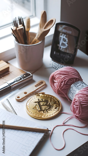 Hobbies A crafting table with Bitcointhemed embroidery yarn and sewing tools Photography copyspace HighContrast Lighting Hard Light Use a direct light source such as sunlight or an artificial spotlig photo