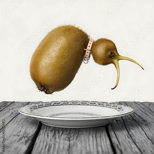 single perfect kiwi attempting to dobackflip onplate quitefeat isolated on white background cutout png design asset funny conceptRetro photo