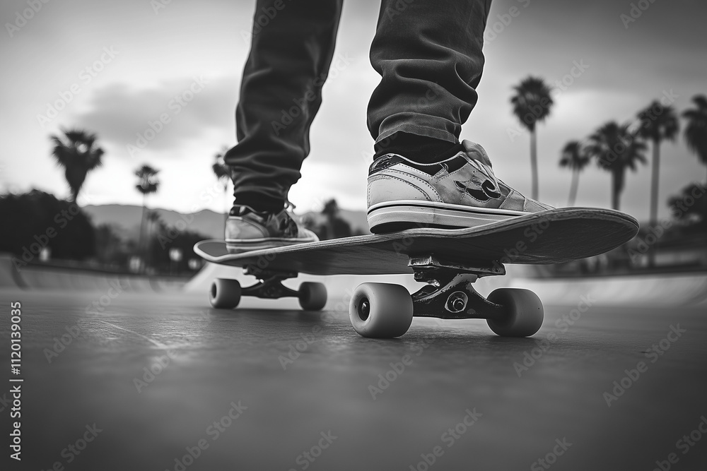 Obraz premium Black and white photograph, foreground image of a skateboarder's legs on a skateboard, on a board, wearing pants and sneakers, with a skate park in the background