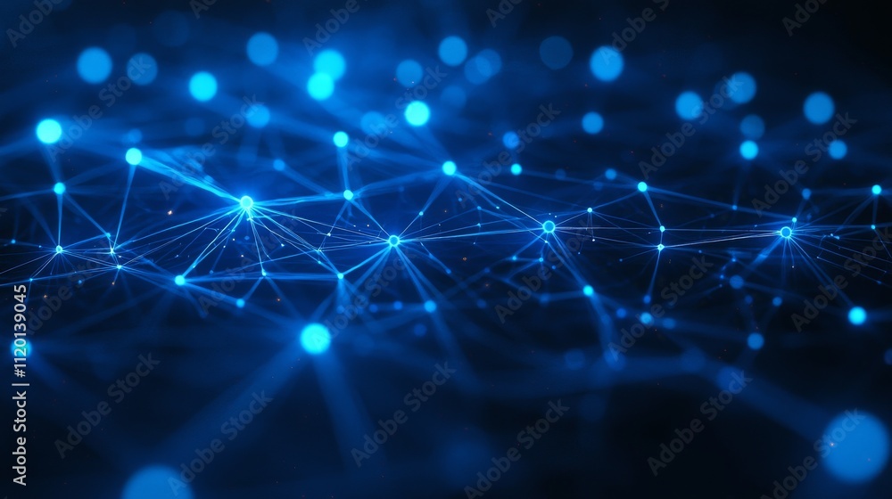 Create a futuristic, digital network scene featuring a vast, interconnected grid of glowing blue nodes and lines Create a futuristic, digital network scene featuring a vast, interconnected grid of glowing blue nodes and lines