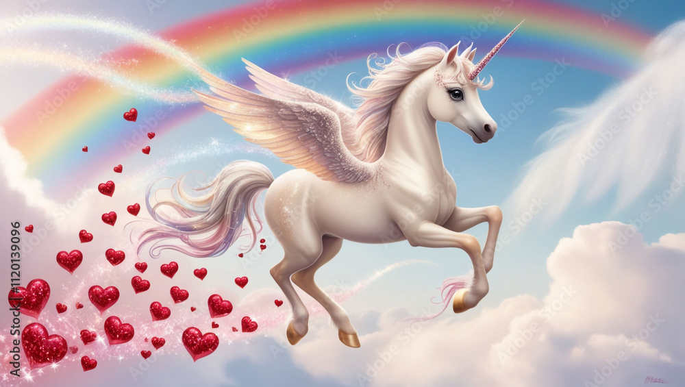 Fototapeta premium Pegasus unicorn with big sparkling eyes flying under a rainbow with a trail hearts