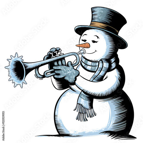 snowm playing the trumpetwinter soundfrosty trumpet isolated on white background cutout png design asset funny conceptCharcoal Drawing photo