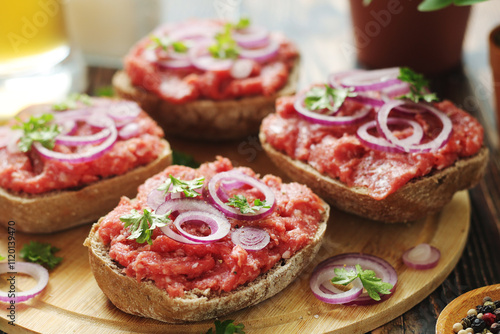 Traditional German sandwiches with minced meat Mettbroetchen	 photo