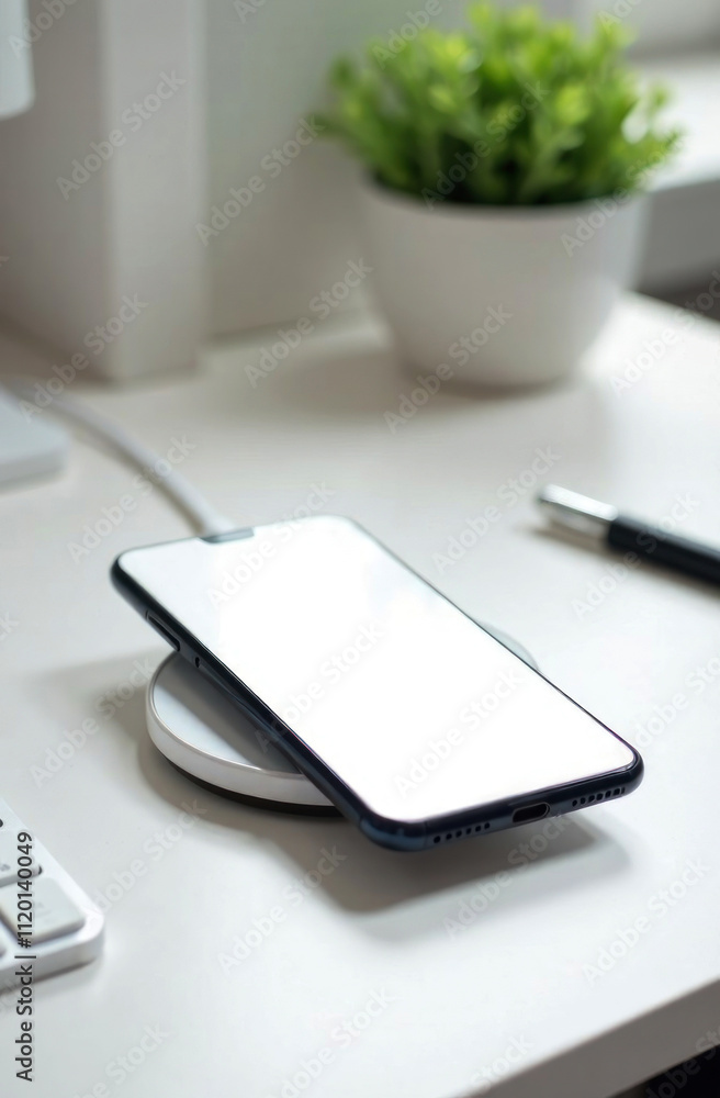 A smartphone sits on a wireless charging pad on a desk, accompanied by a plant and a pen, indicating a workspace A smartphone sits on a wireless charging pad on a desk, accompanied by a plant and a pen, indicating a workspace