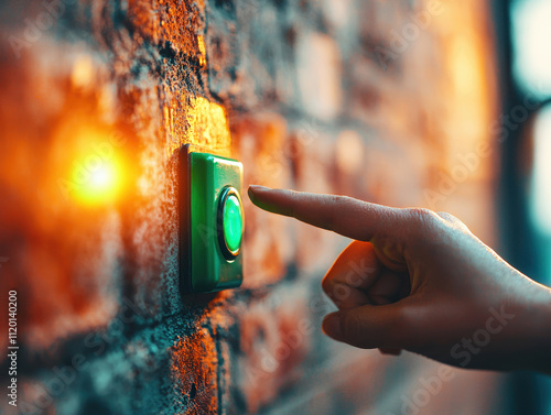 Hand pressing green button. A hand pressing a green doorbell against a textured brick wall, illuminated by warm lighting, creating a cozy atmosphere.