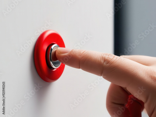 Hand pressing red button. A person is pressing a red doorbell button on a wall, ready to announce their arrival.