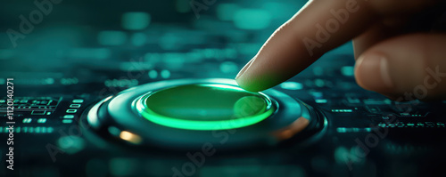 Hand pressing green button. A finger gently touches a glowing green button on a futuristic digital interface, symbolizing technology and interaction.