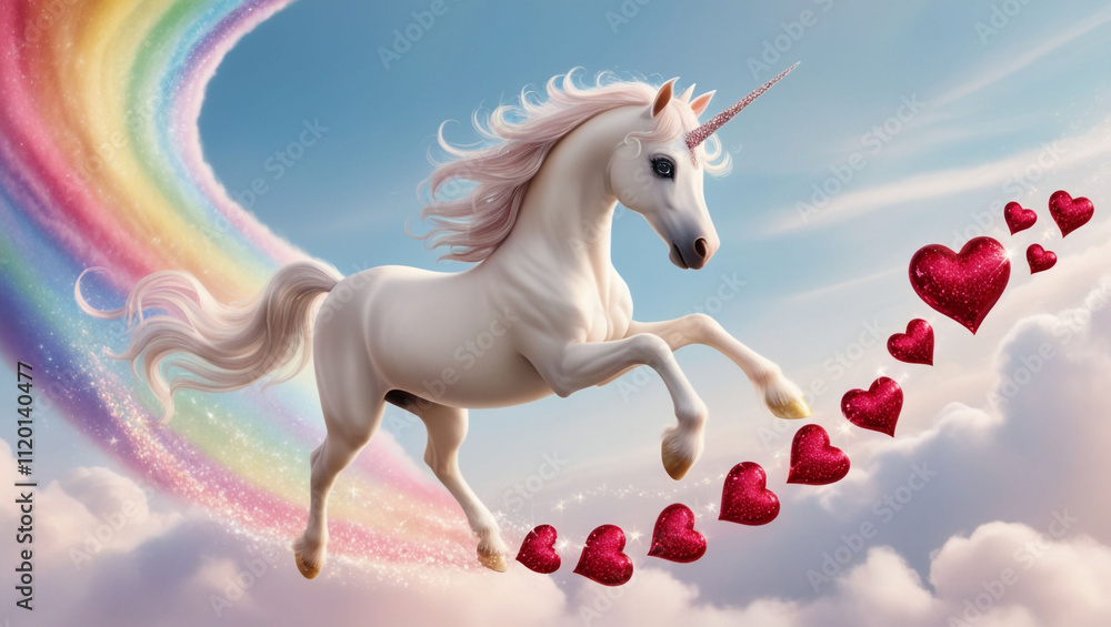 Pegasus unicorn with big sparkling eyes flying under a rainbow with a trail hearts Pegasus unicorn with big sparkling eyes flying under a rainbow with a trail hearts