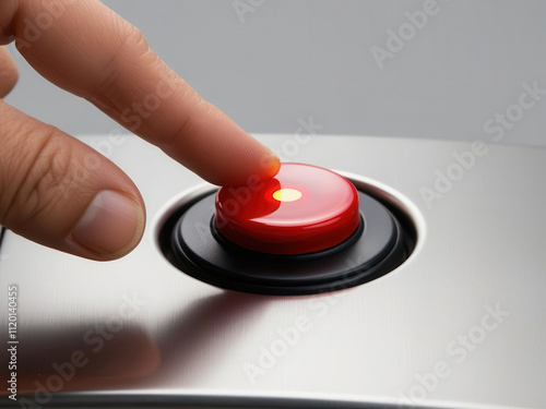 Hand pressing red button. A finger poised to press a red button on a metallic surface, suggesting action or urgency in a modern setting.