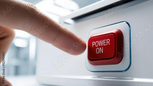 Hand pressing red button. A finger pressing a red "POWER ON" button, symbolizing activation and technology in a modern device interface.