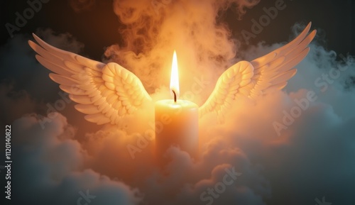 Memory candle with angel wings surrounded by clouds in a mystical atmosphere
