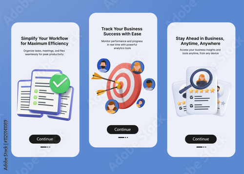 Mobile App Templates Onboarding Screens Set with 3D Vector Illustrations Featuring Workflow Automation, Team Collaboration, Task Planning, Goal Management Professional Design Concepts