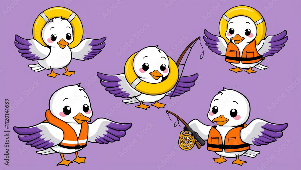 Fototapeta premium Cute playful seagull cartoon characters in different poses. White seabird with purple wings wearing yellow life ring, fishing with rod, dressed in orange safety vest. Funny bird with expressive faces.