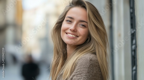 Smiling young woman with long blonde hair enjoying a sunny day outdoors.