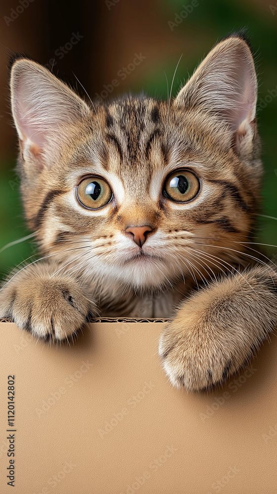 Cute kitten with big eyes peeking over cardboard box, full of curiosity Cute kitten with big eyes peeking over cardboard box, full of curiosity
