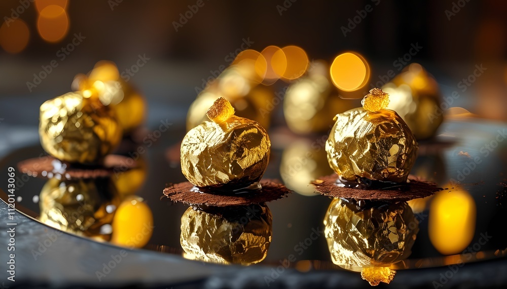 Elegant gold-wrapped chocolate bonbons on a reflective surface with soft bokeh lights
Elegant gold-wrapped chocolate bonbons on a reflective surface with soft bokeh lights