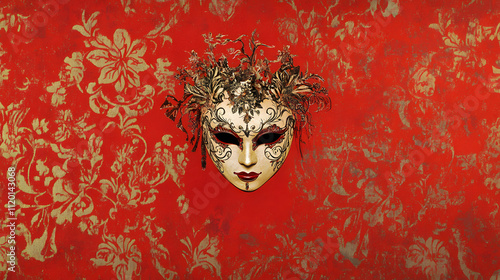 Venetian mask on a red background. Venice masquerade for carnical and festivals photo