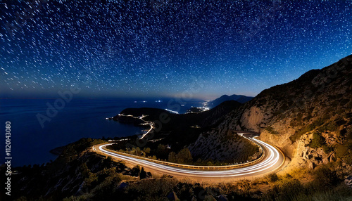 Generated imageNight photo of curvy mountain road with a blurred tracks of yellow and red car lights and stars. Generative AI.