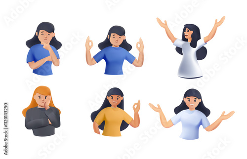 Various girl's poses set. 3D style vector design illustrations. Woman Facial Emotions Set. different symptoms and emptions of stress or happyniess in life