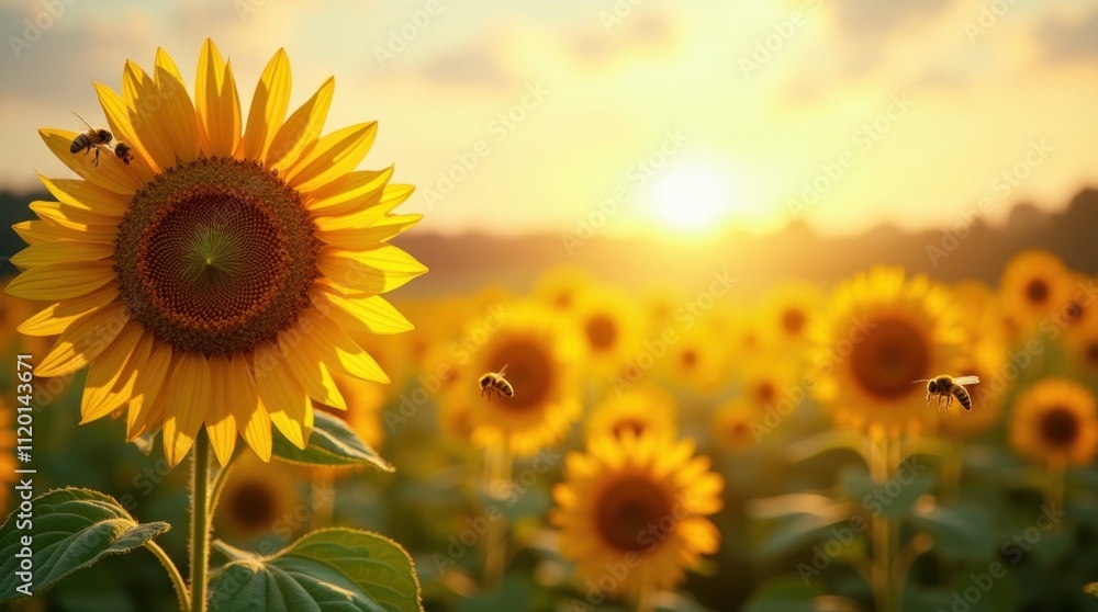 Obraz premium Peaceful Sunflower Field with Bees and Sunlight