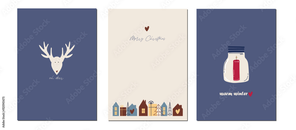 Vector set of Christmas and New Year holiday greeting cards with candle, deer and little houses. Vector illustration in trendy style Vector set of Christmas and New Year holiday greeting cards with candle, deer and little houses. Vector illustration in trendy style