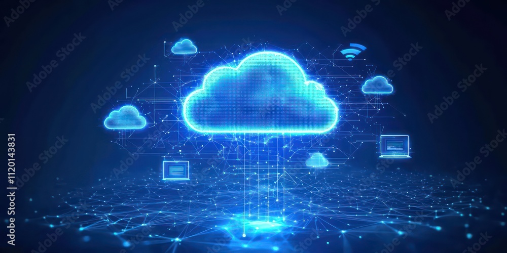 A digital concept of cloud technology with cloud symbols connected to a network of devices, glowing against a dark blue background. A digital concept of cloud technology with cloud symbols connected to a network of devices, glowing against a dark blue background.