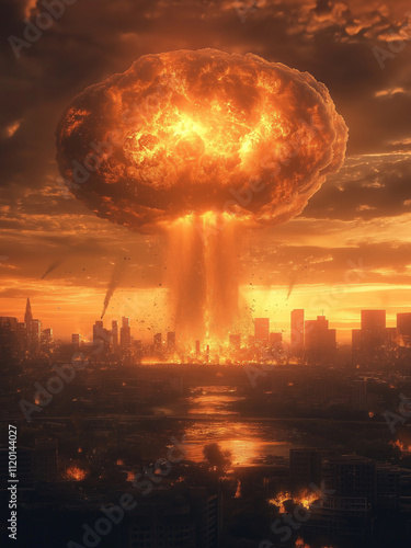 Nuclear explosion over a city. Concept of apocalypse, destruction, and war.