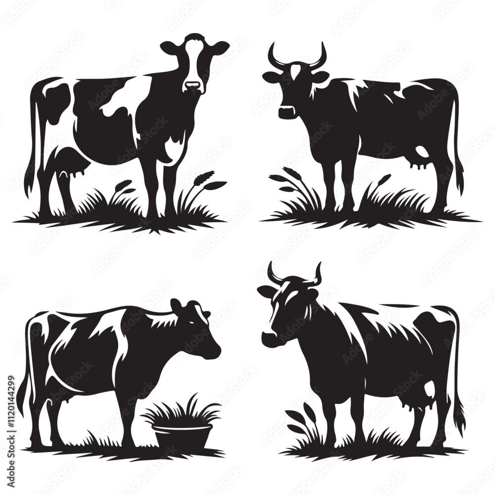 Fototapeta premium Set of Black and White Dairy Cow Silhouettes, Farm Animal Vector Illustrations
