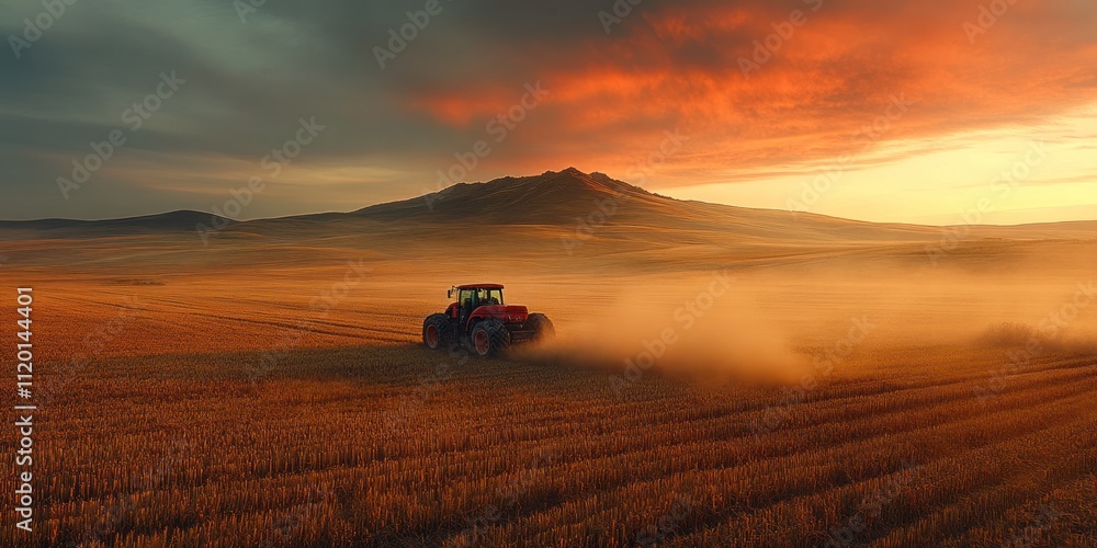 Fototapeta premium Tractor Driving Through a Field at Sunset with a Mountain in the Background
