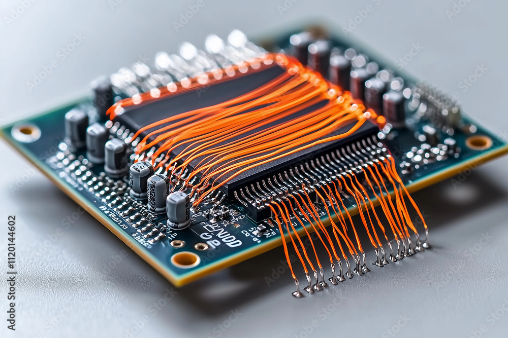 detailed view of semiconductor processor with glowing connections, showcasing intricate circuitry and vibrant orange wires. technology reflects innovation and precision detailed view of semiconductor processor with glowing connections, showcasing intricate circuitry and vibrant orange wires. technology reflects innovation and precision