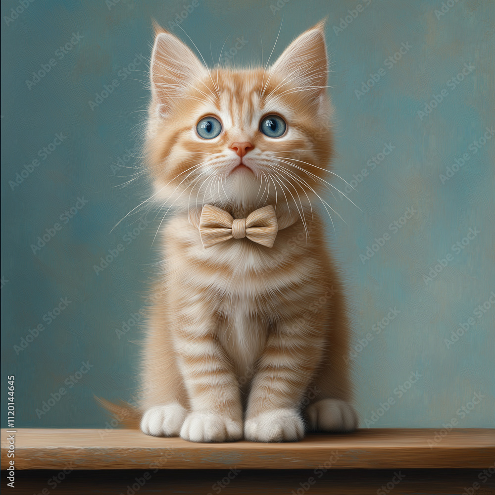 fluffy orange kitten with blue eyes and bow tie sits adorably fluffy orange kitten with blue eyes and bow tie sits adorably