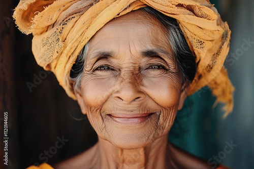 Smiling Brazilian woman, 70 years old, radiates joy and wisdom in her extreme closeup, showcasing her proud spirit and warm personality photo