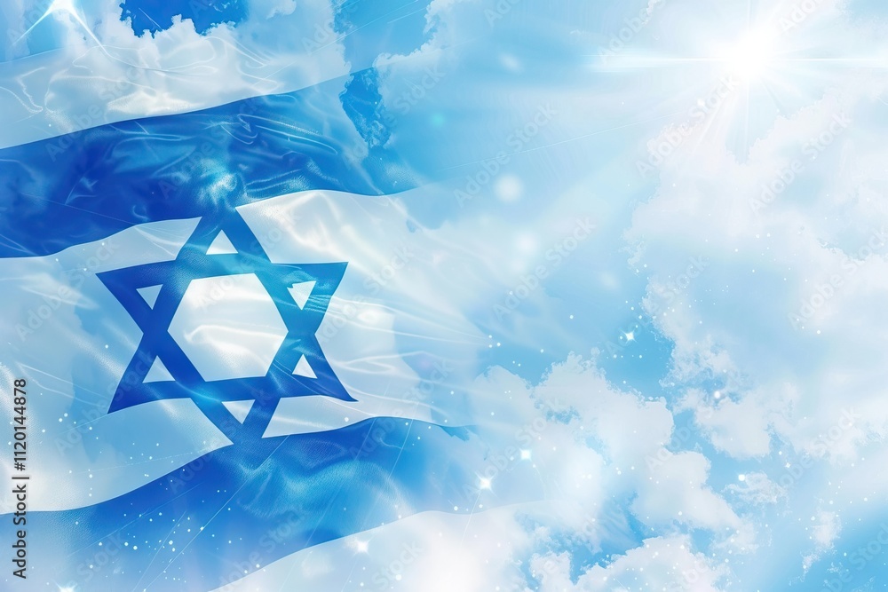 Israel flag with a star of David on sky background. Banner with place for text