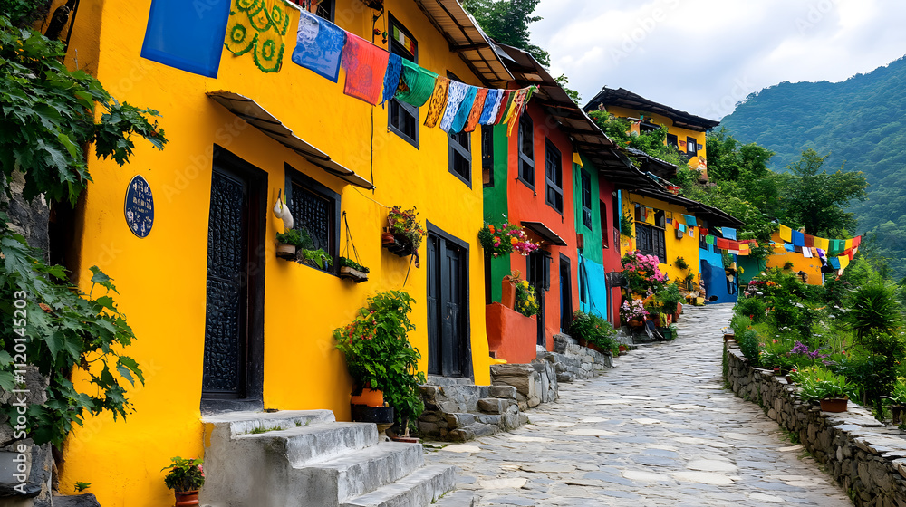 Naklejka premium Vibrant colorful houses line cobblestone path, adorned with flowers and prayer flags, creating lively atmosphere in scenic mountain village