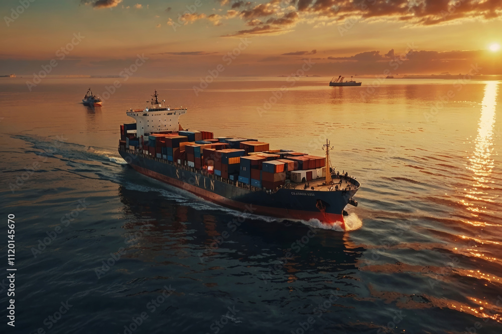 container cargo ship at sunset in the middle of a calm ocean container cargo ship at sunset in the middle of a calm ocean
