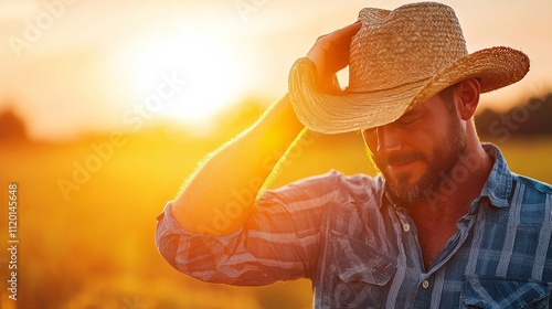 Golden Hour Cowboy: A ruggedly handsome man in a cowboy hat gazes pensively at the setting sun, bathed in the warm glow of the golden hour. photo