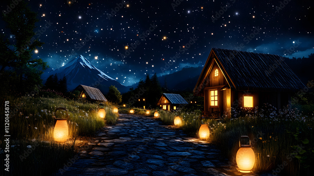 Fototapeta premium Road trip under stars in traditional mountain setting with cozy cabins illuminated by lanterns, creating serene and magical atmosphere